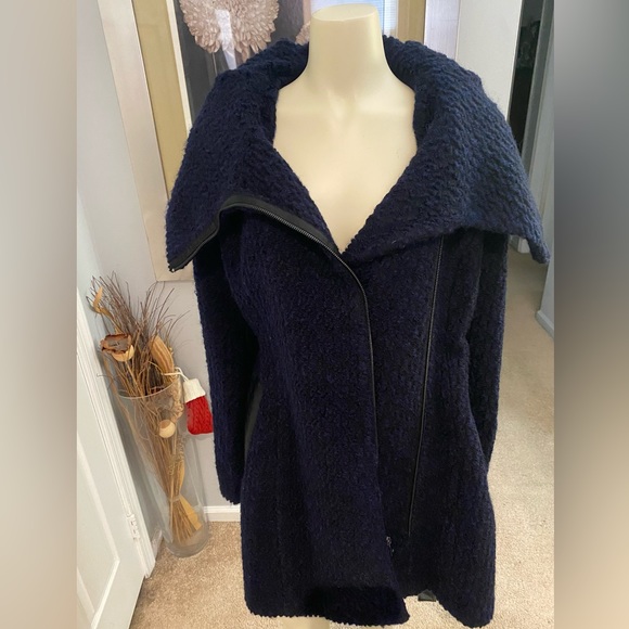 Cole Haan Signature Wool Blend Boucle Oversized Collar Blue Navy Pea Coat - Picture 3 of 7